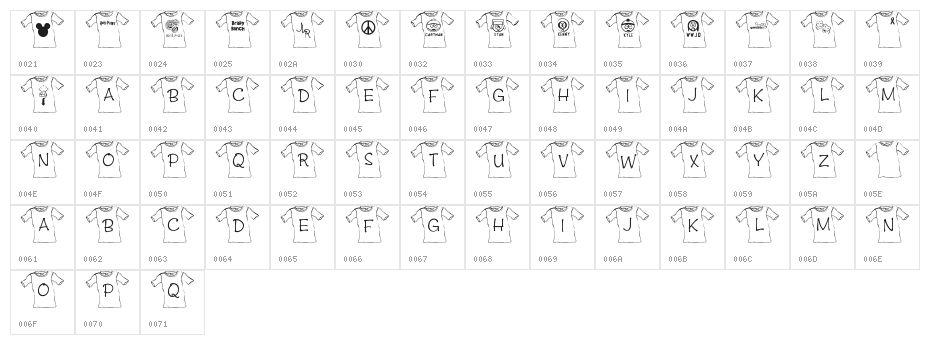 JLR T-Shirt Character Map