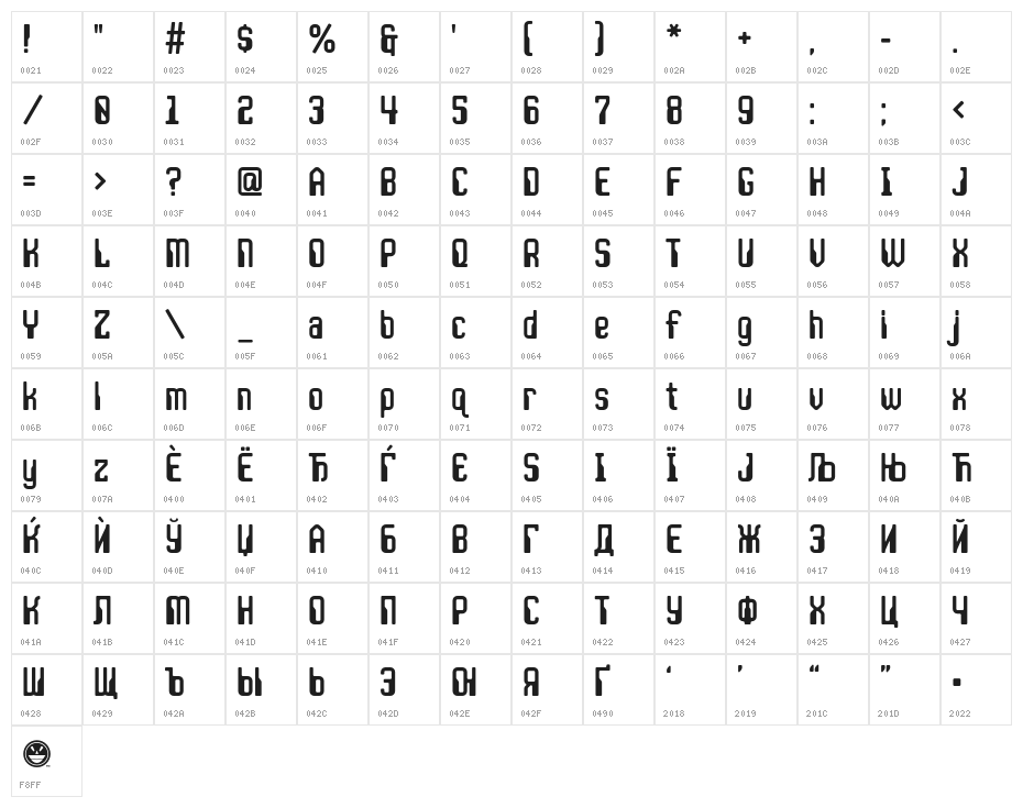 JLSSpaceGothic-CNC Character Map