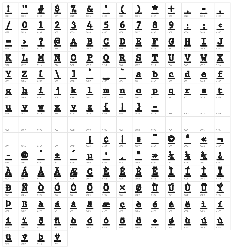 JMHTypewritermonoBlackUnder-Reg Character Map