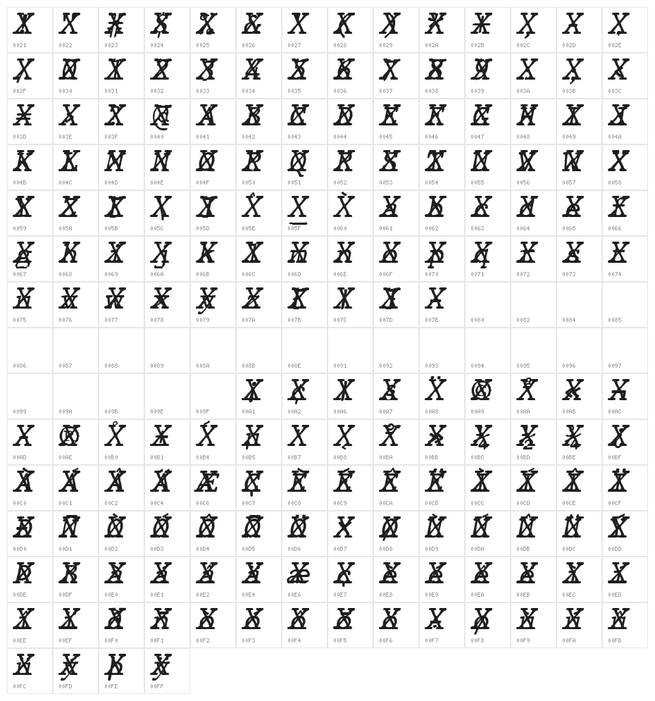 JMHTypewritermonoCross-Italic Character Map