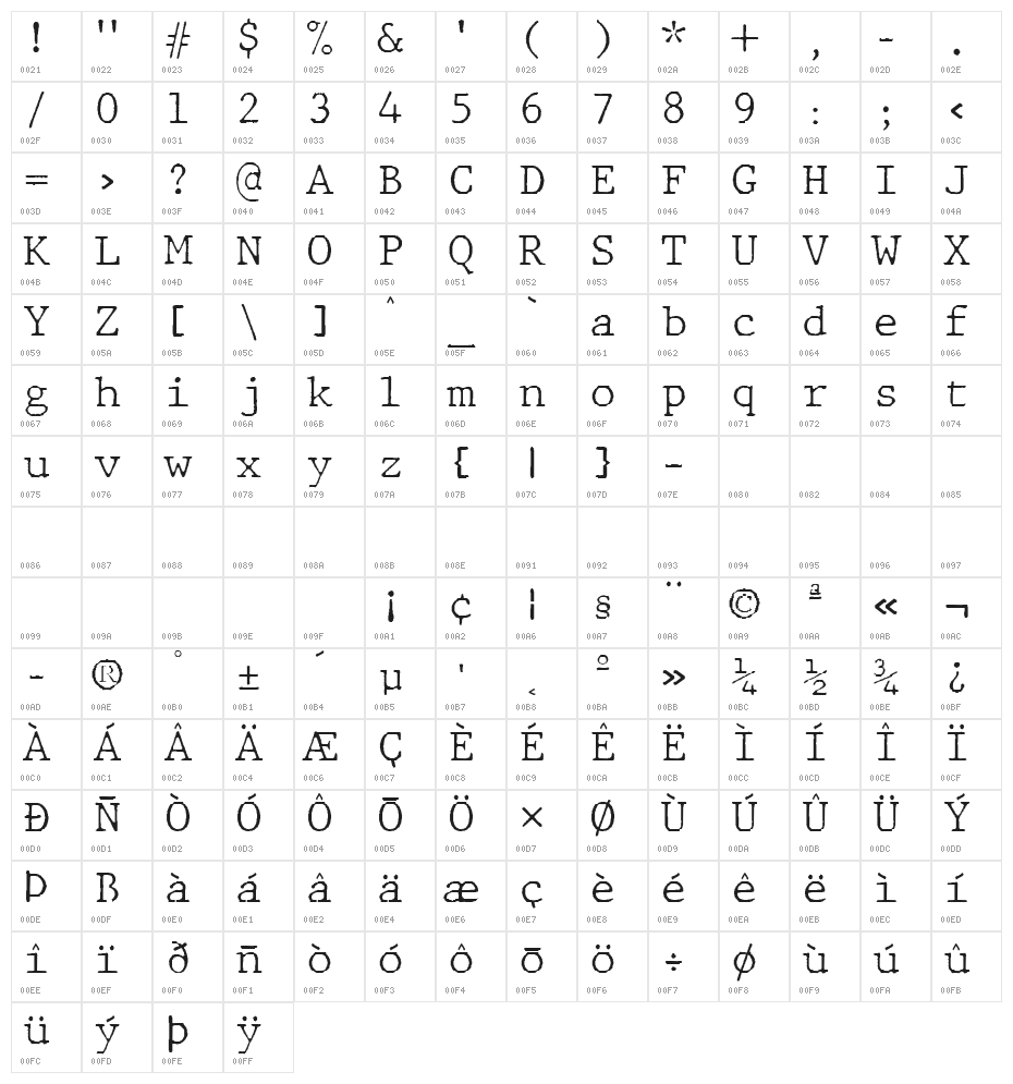 JMHTypewritermonoFine-Regular Character Map