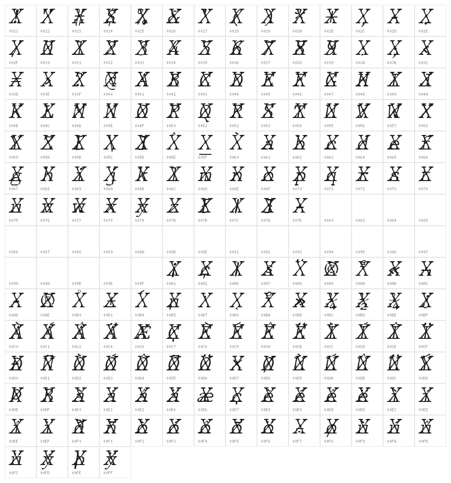 JMHTypewritermonoFineCross-Ital Character Map