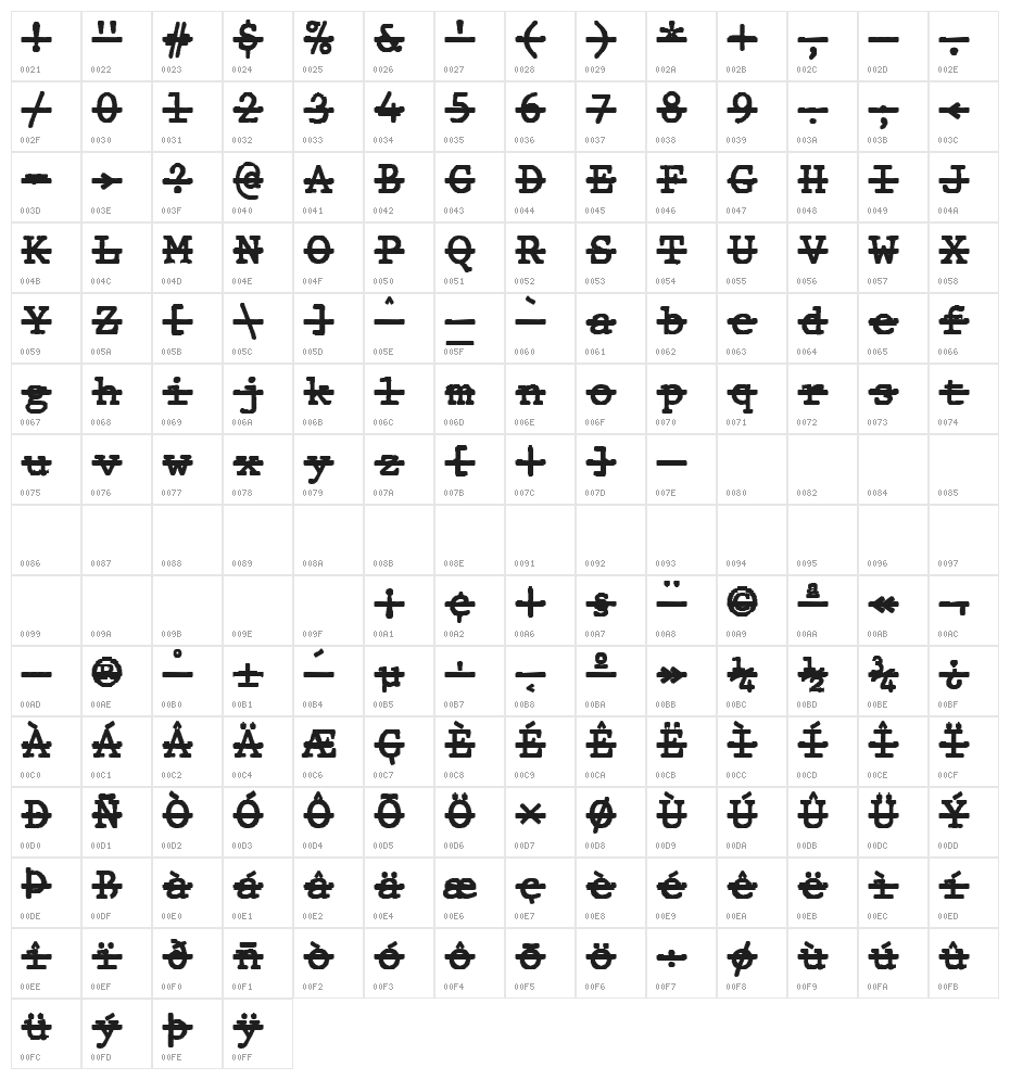 JMHTypewritermonoOver-Regular Character Map