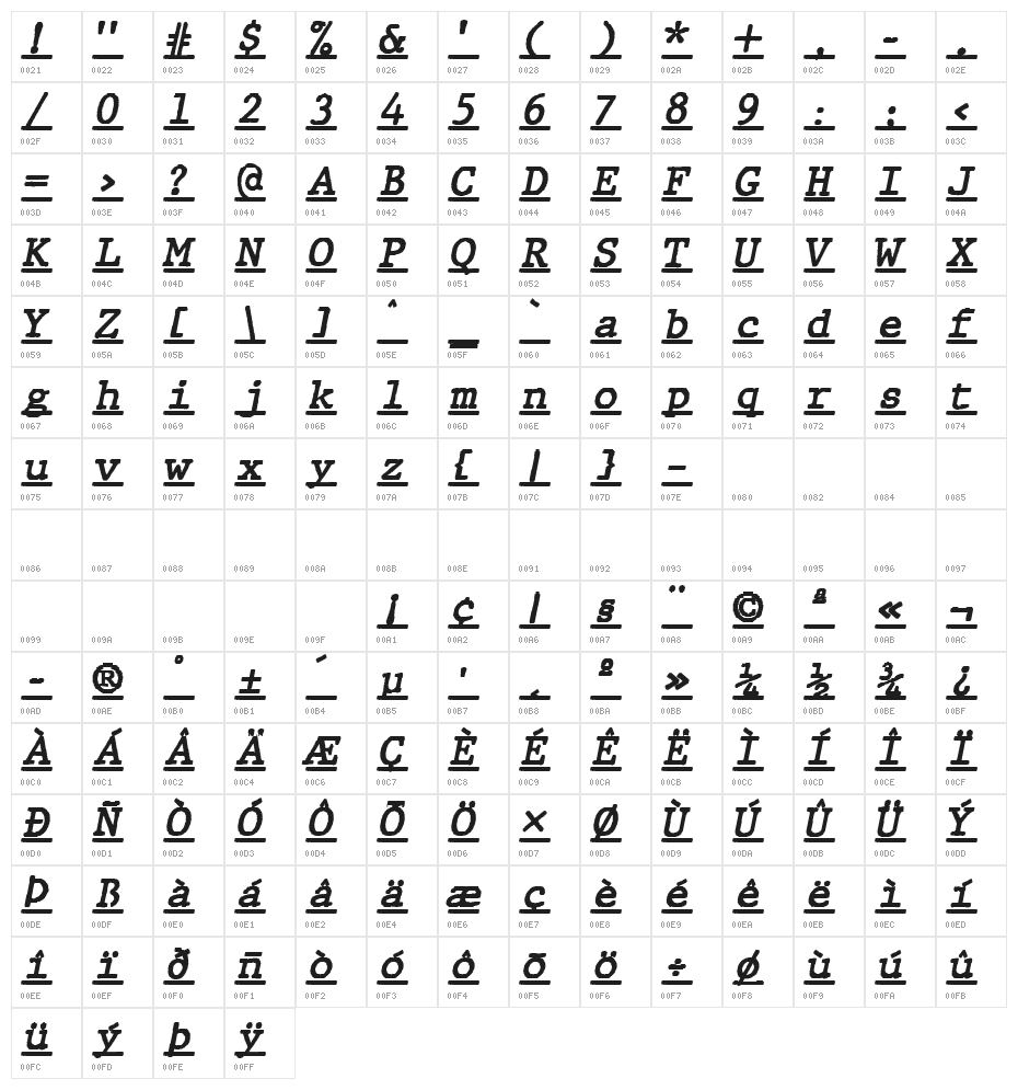JMHTypewritermonoUnder-Italic Character Map