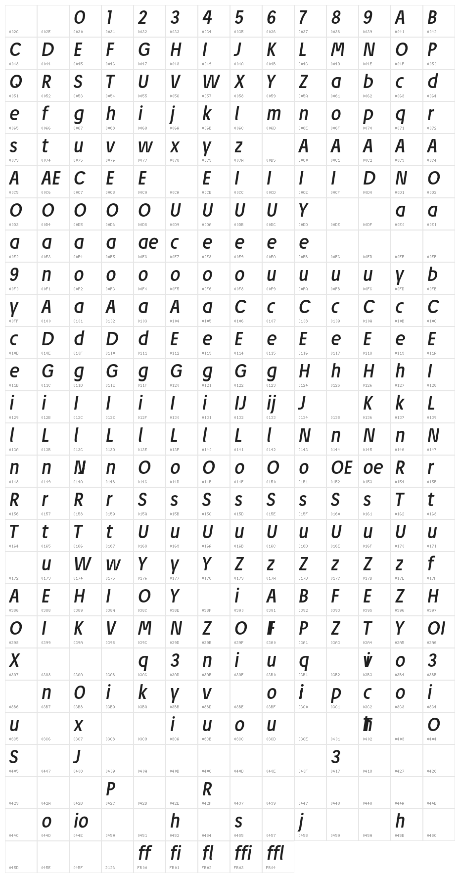Josef Pro Italic Character Map
