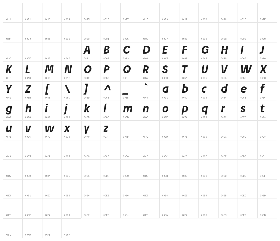 Josef Reduced Bold Italic Character Map