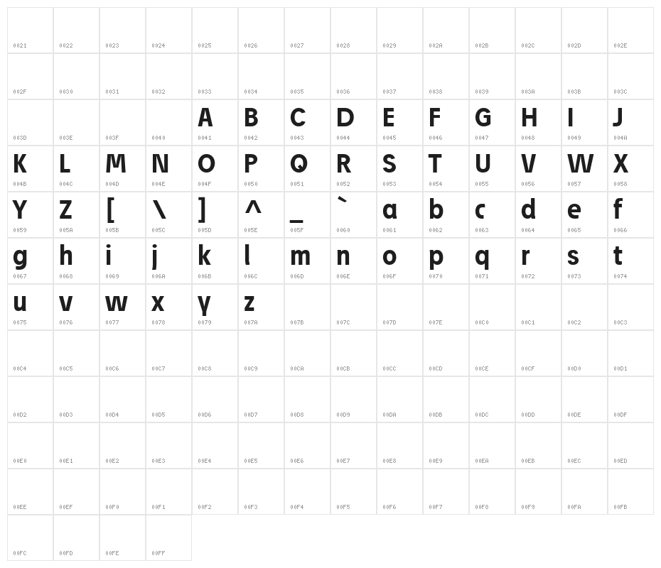Josef Reduced Bold Character Map