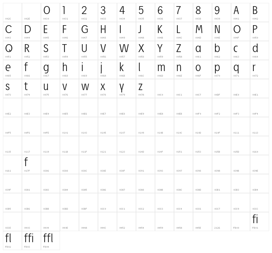 JosefPro-Light Character Map