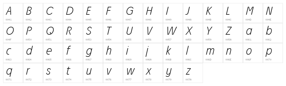 Josefa Rounded Reduced ExtraLight Italic Character Map