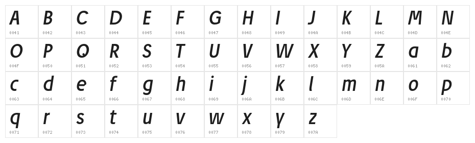 Josefreduced-RegularItalic Character Map