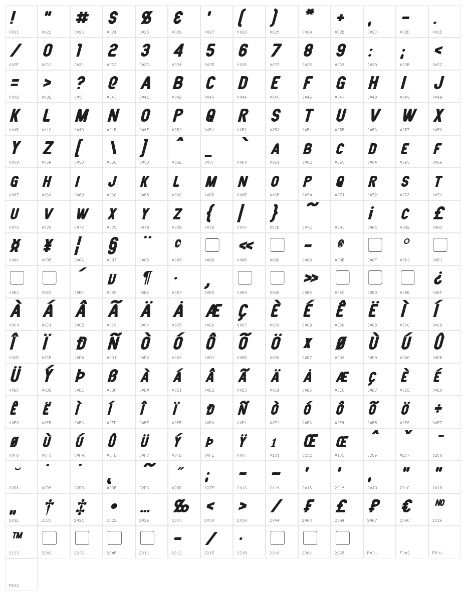 Joystick Bold Italic Character Map