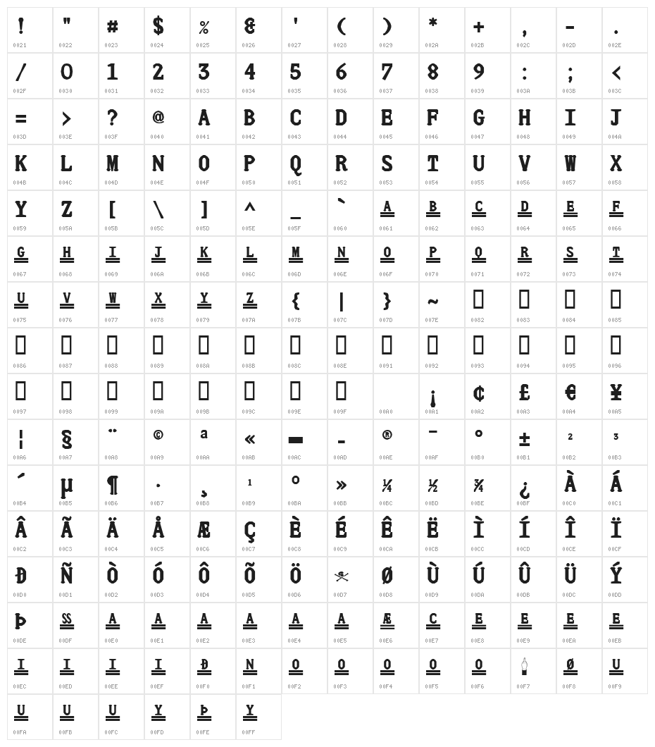 JUstice Mono Title Character Map