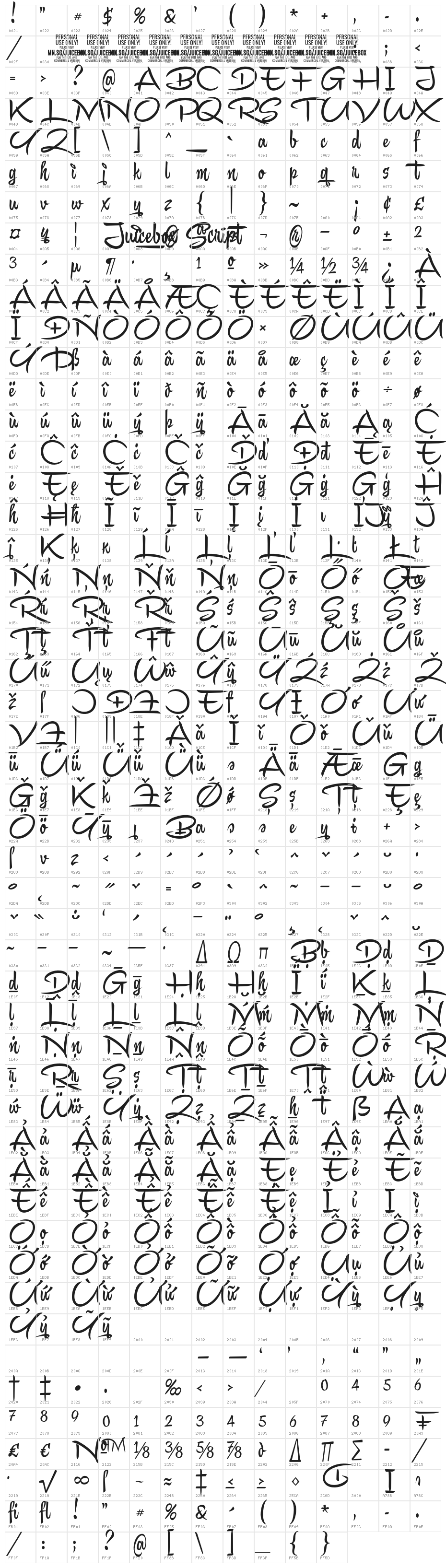 Juicebox Script PERSONAL USE Regular Character Map
