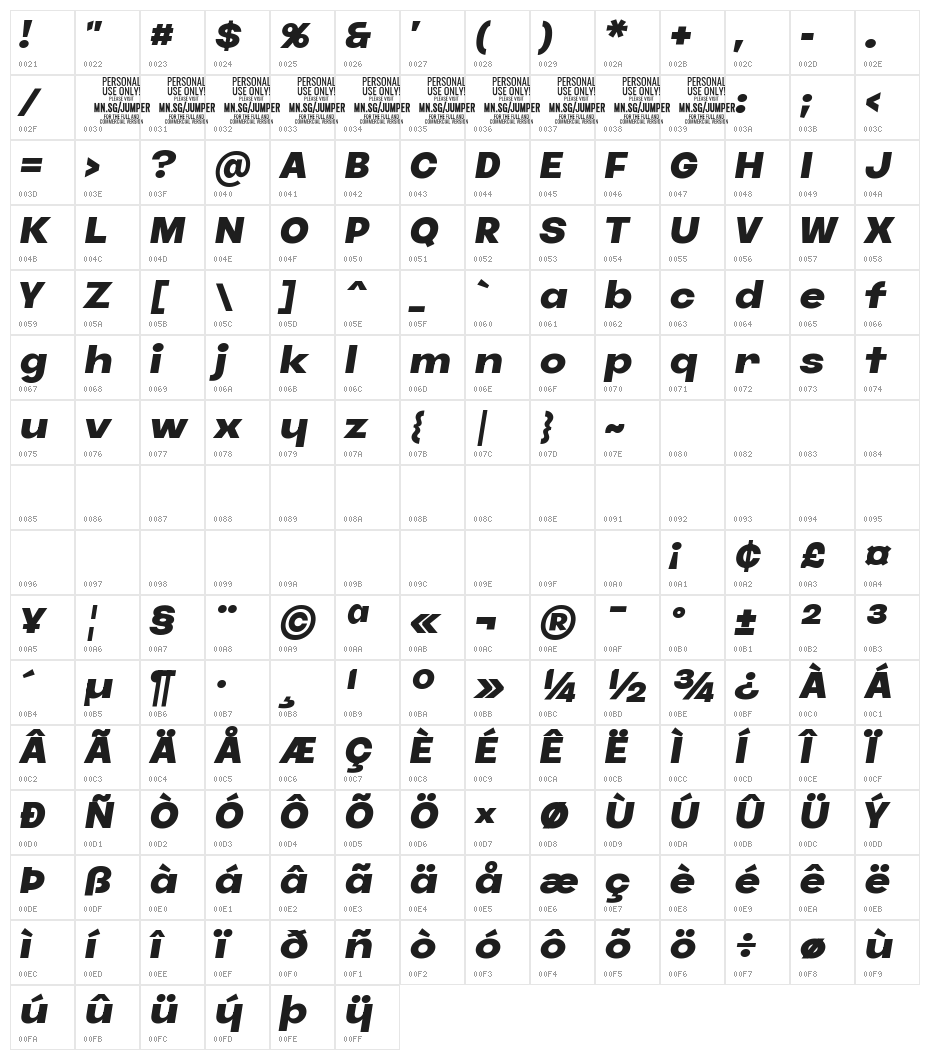 Jumper PERSONAL USE ONLY Extra-Bold Italic Character Map
