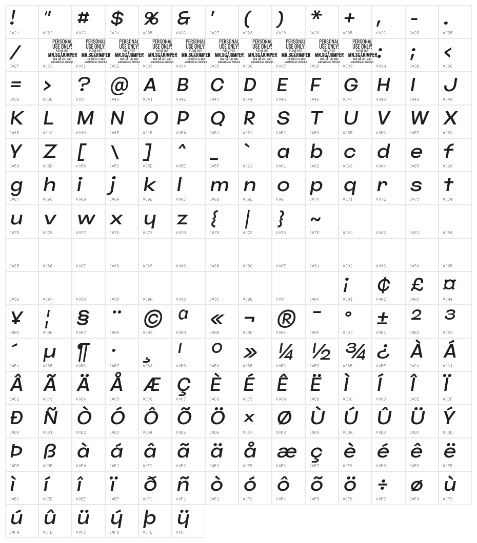 Jumper PERSONAL USE ONLY Light Italic Character Map