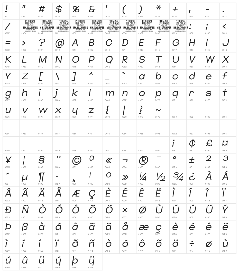 Jumper PERSONAL USE ONLY Thin Italic Character Map