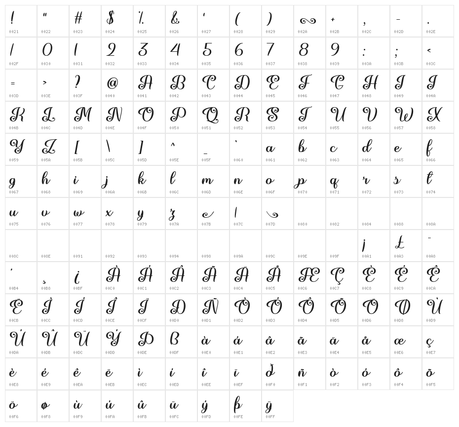 June Calligraphy Regular Character Map