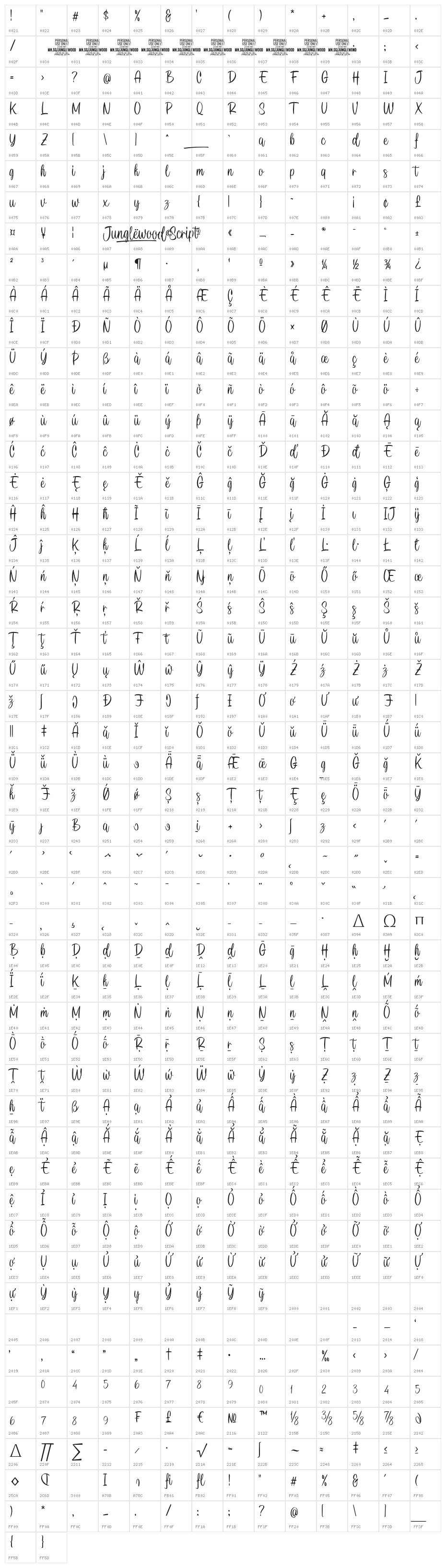 Junglewood Script PERSONAL Regular Character Map