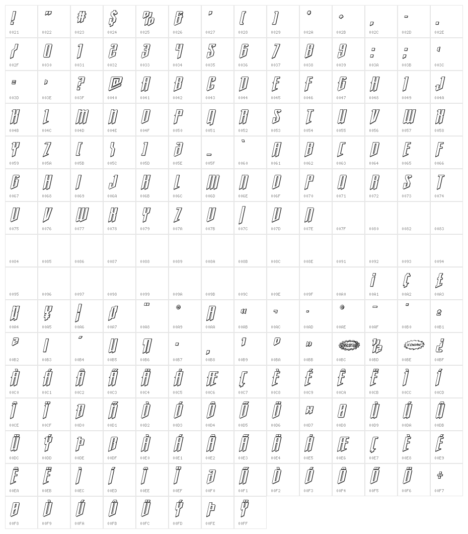 Justice Fighters 3D Italic Character Map