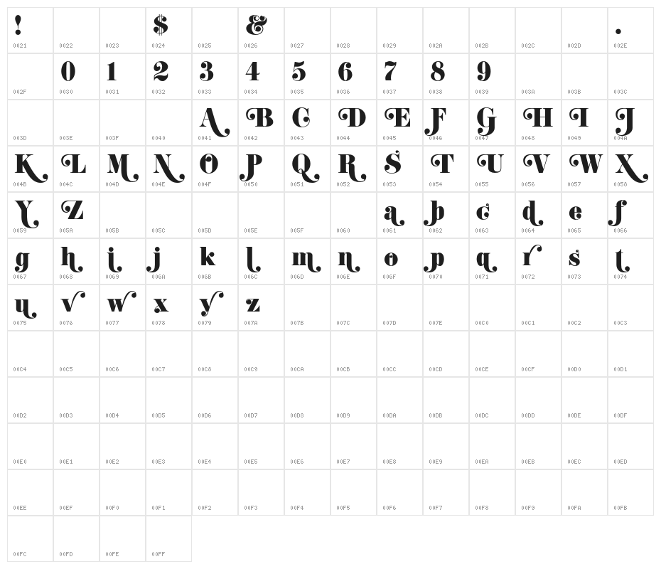 K22 Didoni Swash Character Map