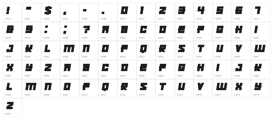 Kachusha Bold Italic Character Map