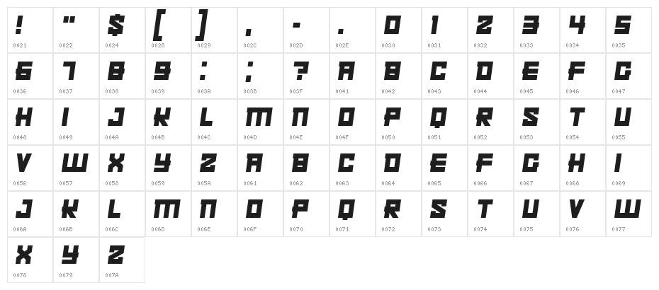 Kachusha Italic Character Map