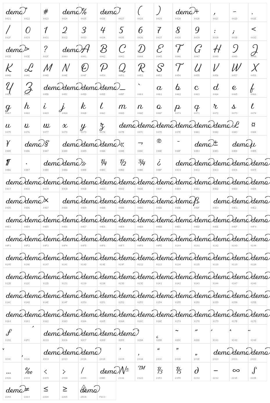 Kamila-DEMO Regular Character Map