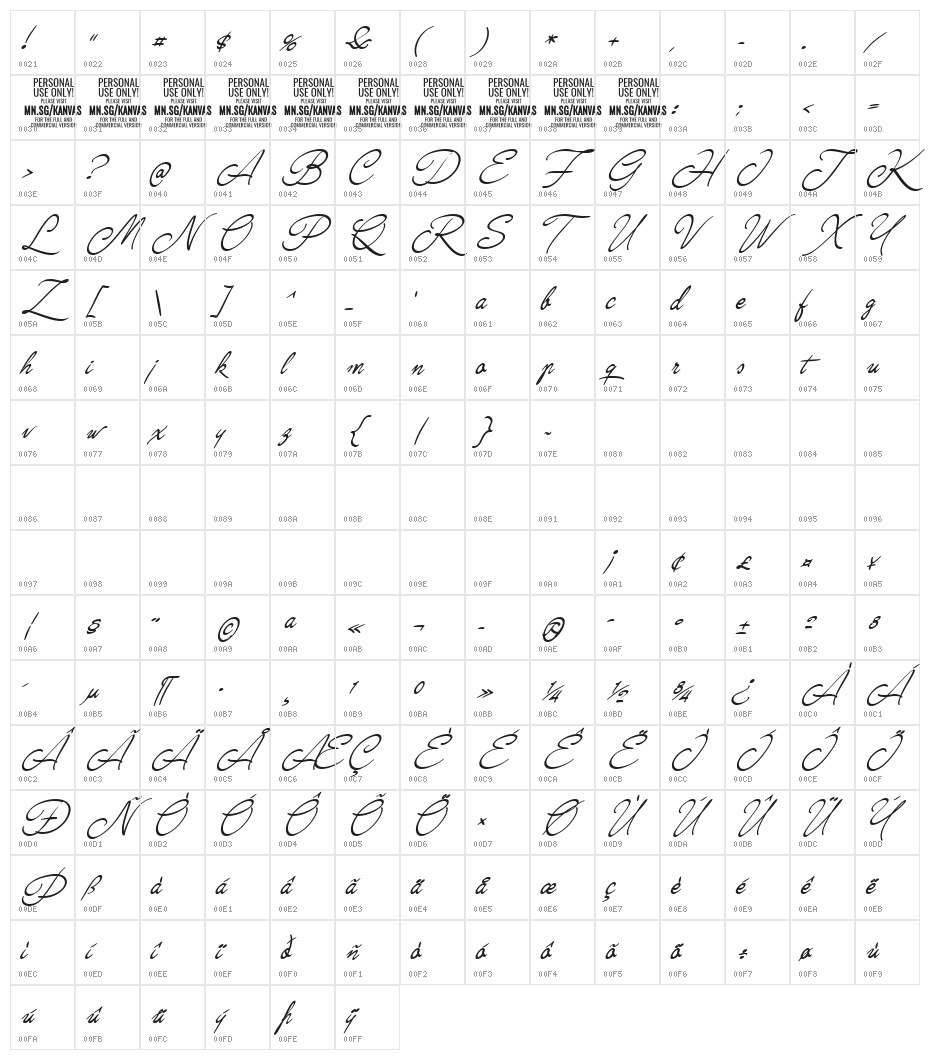 Kanvas Light PERSONAL USE Character Map