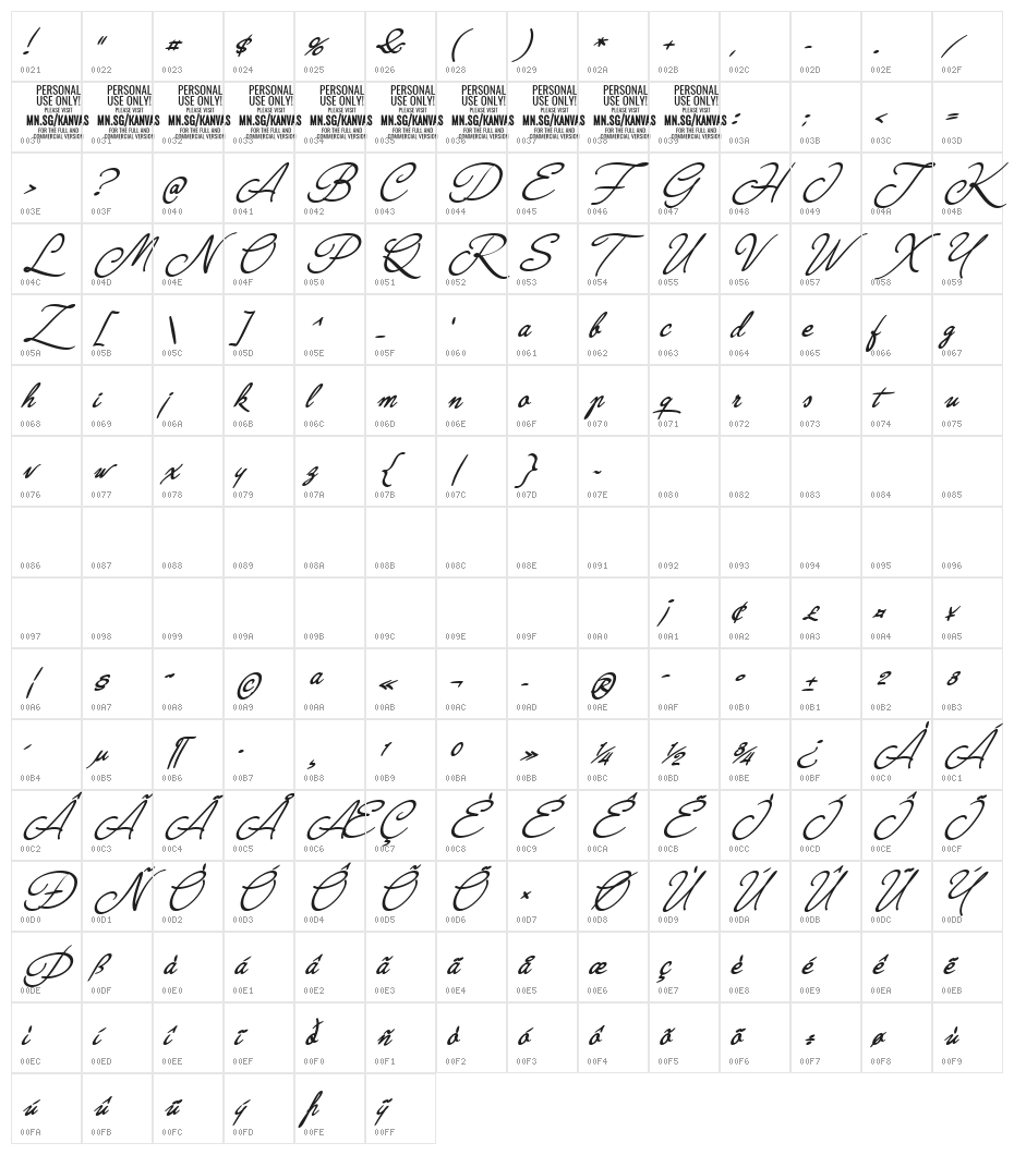 Kanvas Regular PERSONAL USE Character Map