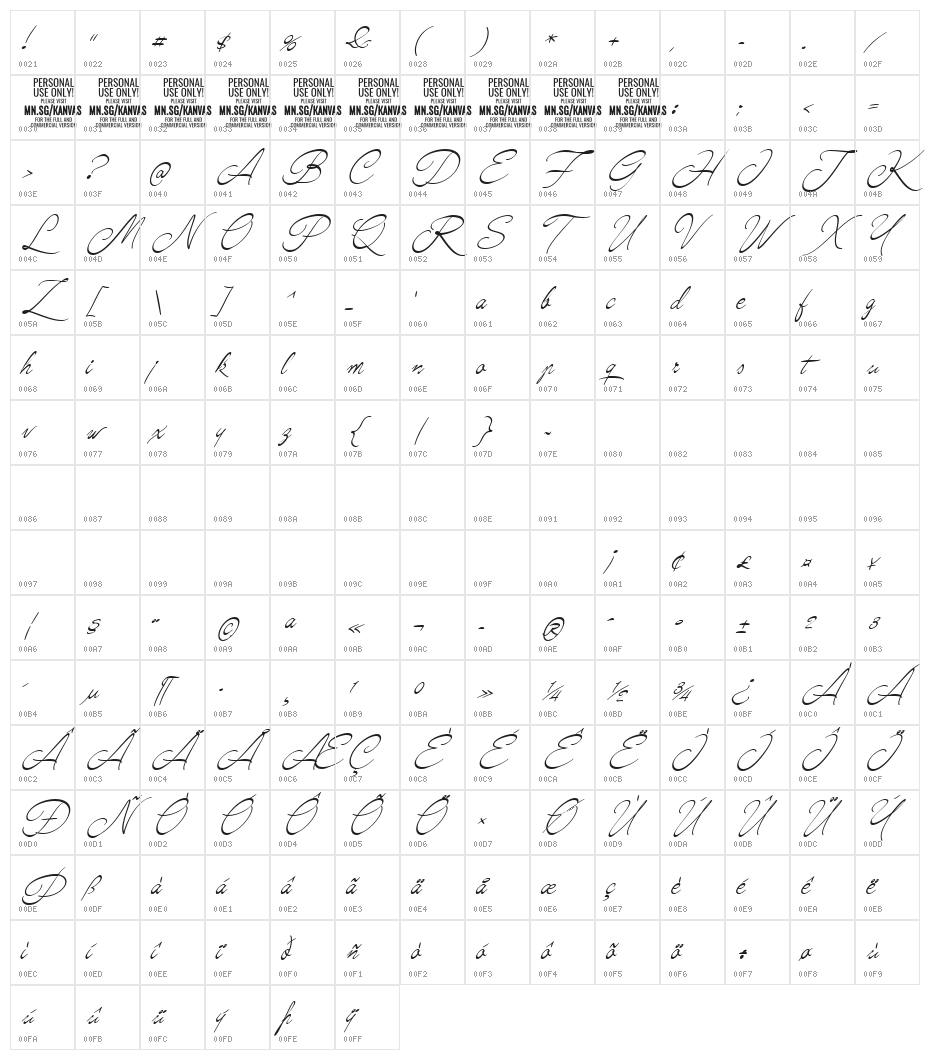 Kanvas Thin PERSONAL USE Character Map