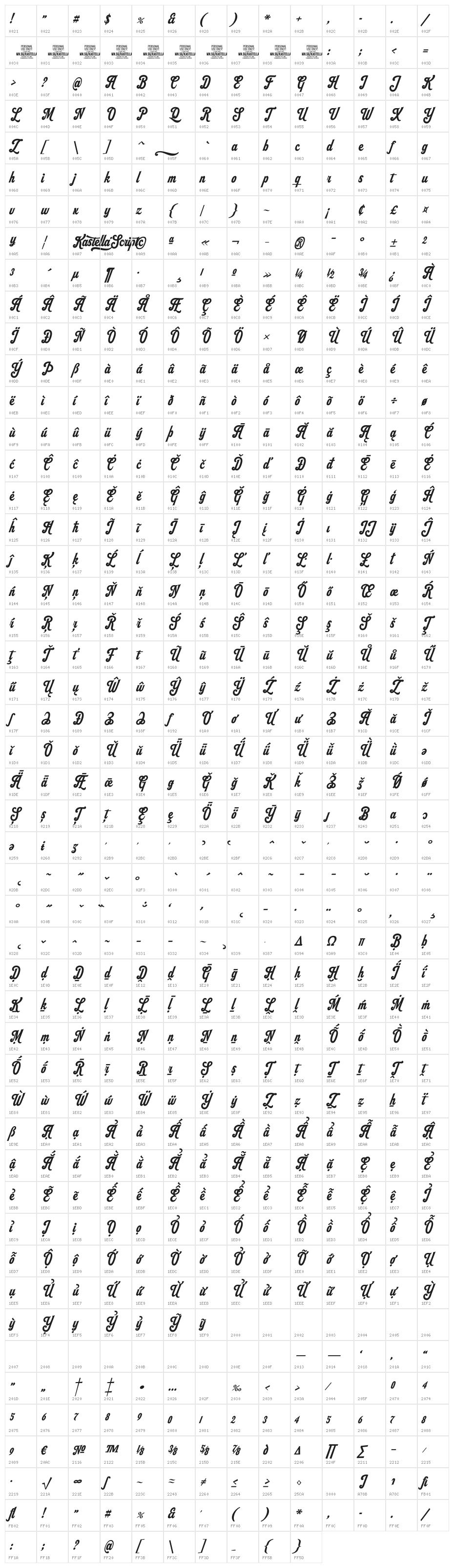Kastella Script PERSONAL USE Regular Character Map