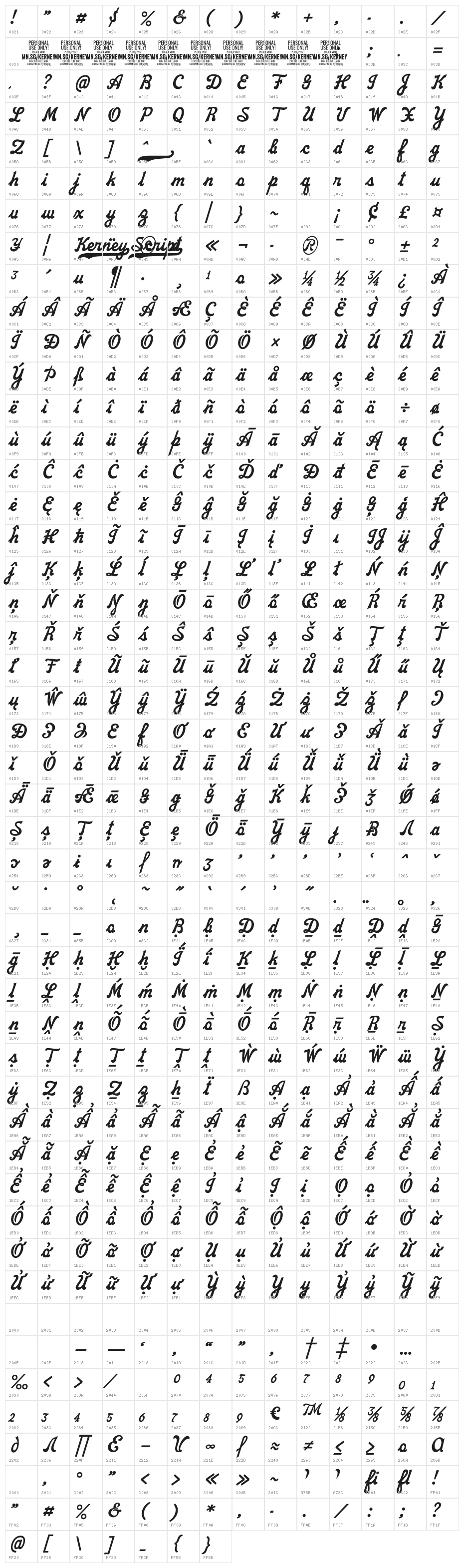 Kerney Script PERSONAL USE Regular Character Map