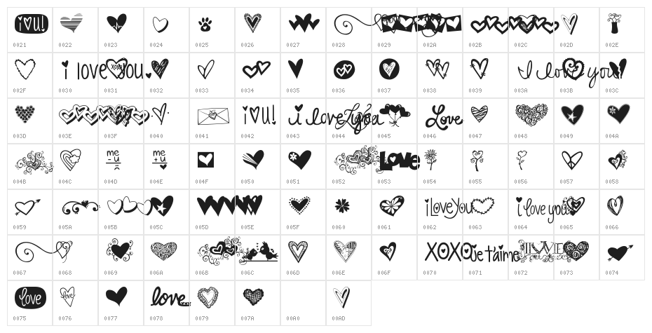 KG Heart Doodles Character Map