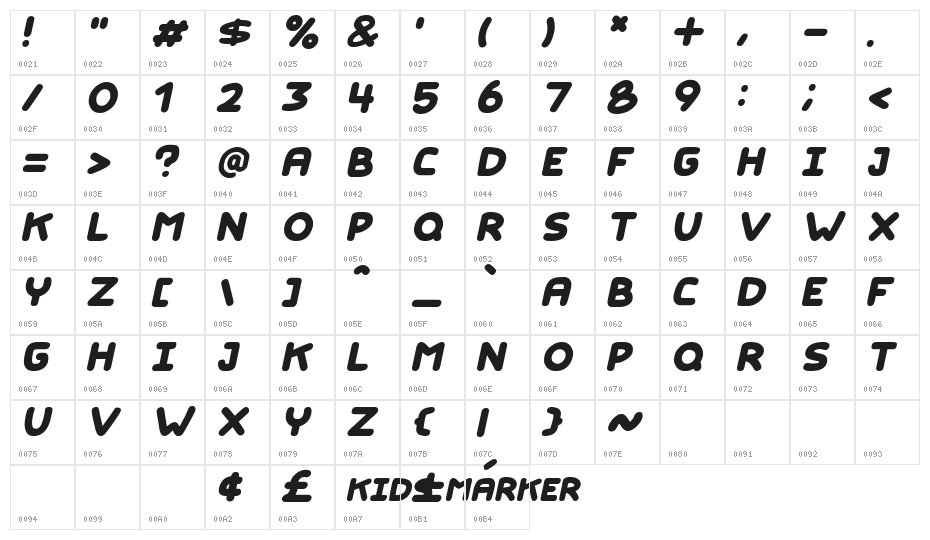 Kids Marker Italic Character Map