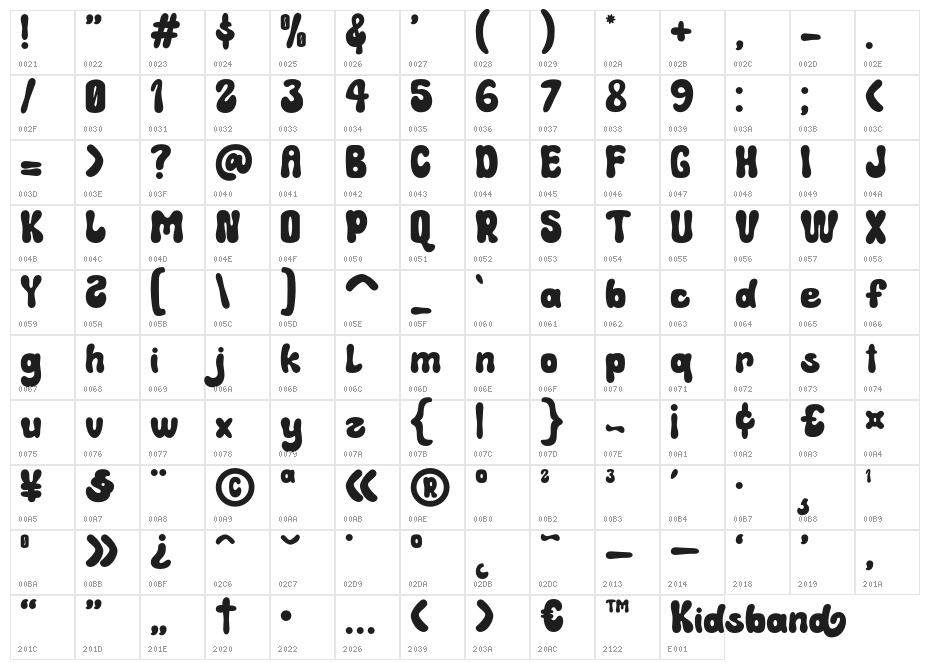 Kidsband Regular Character Map