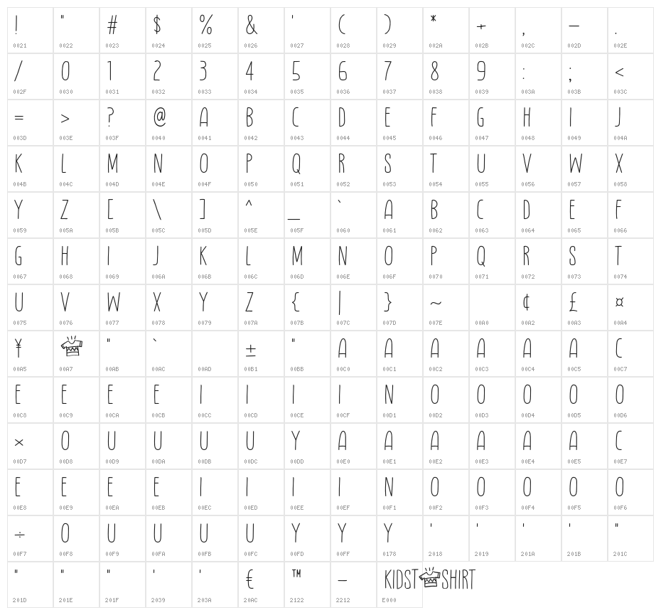 Kidstshirt Character Map