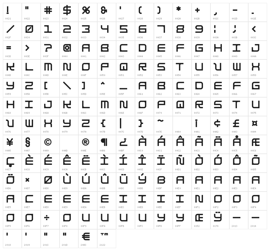 Kilby Bold Character Map