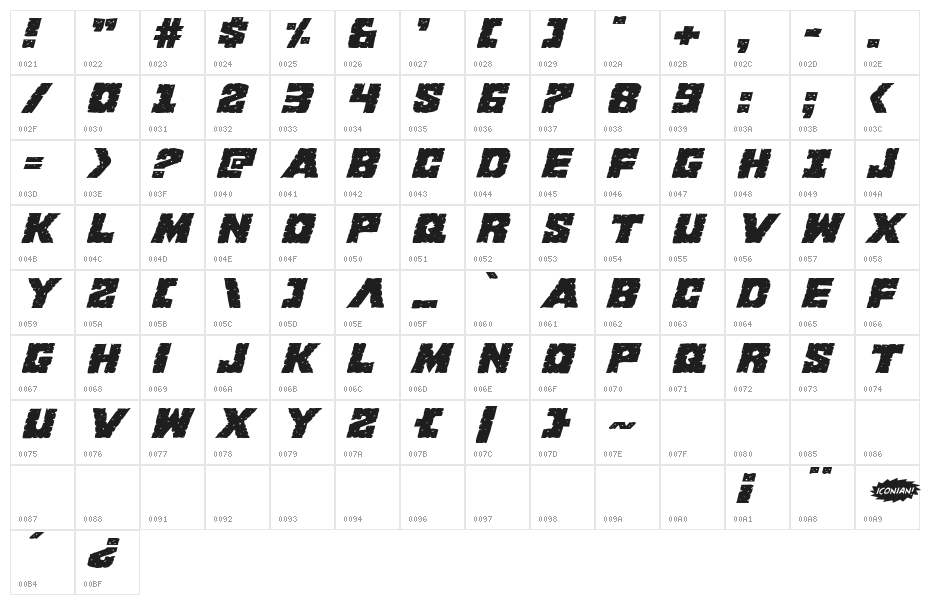 King Commando Expanded Italic Character Map