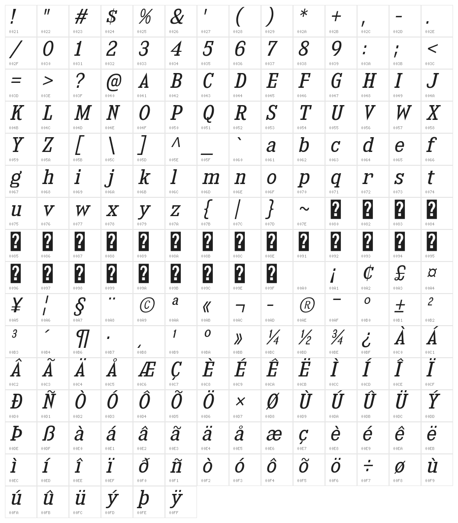 KingsbridgeBk-Italic Character Map