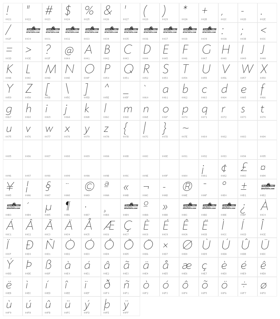 Klein Trial Extralight Italic Character Map