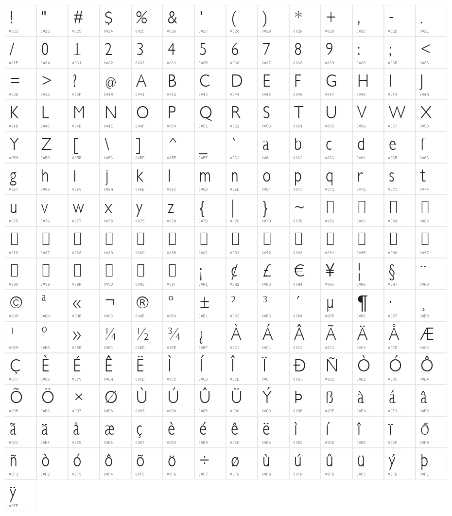 Klill-LightTallX Character Map