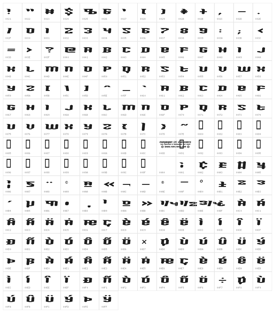 Knucklebuster Oblique Character Map
