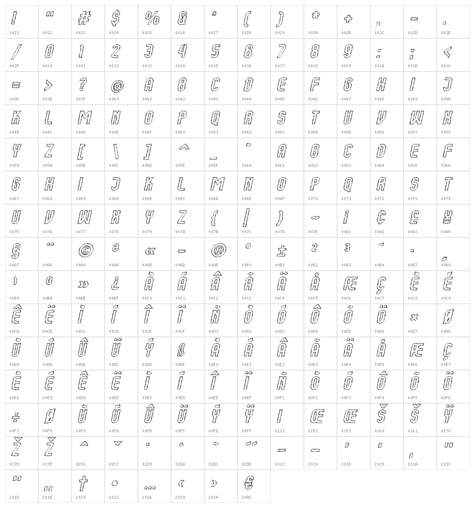 Kumba Sketch Outline Italic Character Map