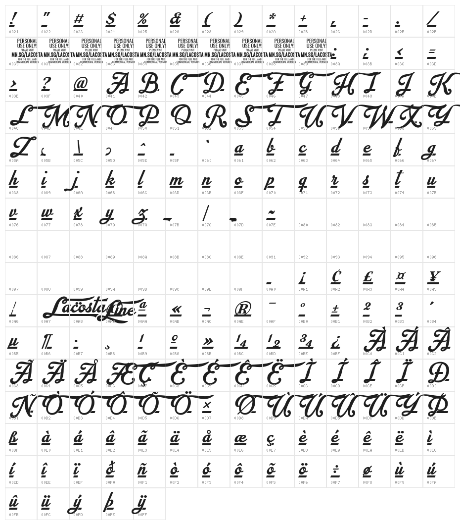 Lacosta Line PERSONAL USE ONLY Character Map