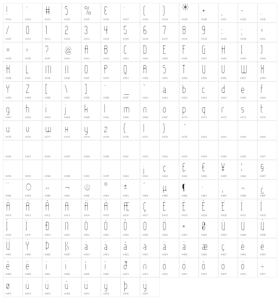 Lady Ice - Extra Light Character Map