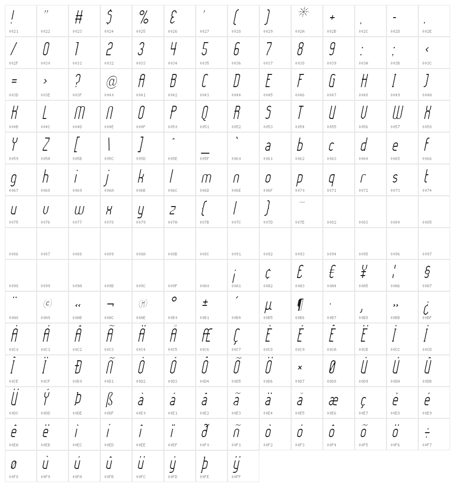 Lady Ice - Light Italic Character Map