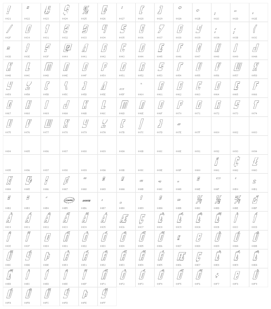 Lamprey Outline Italic Character Map