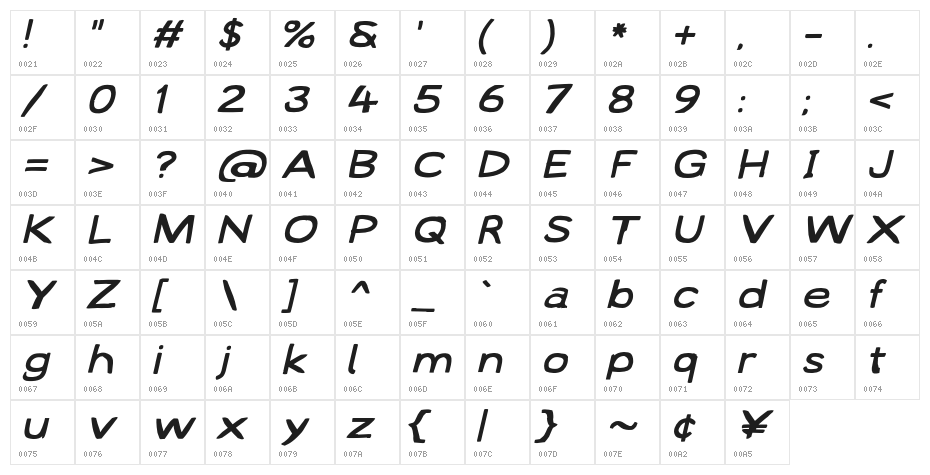 Lampshade SuperExtended Oblique Character Map