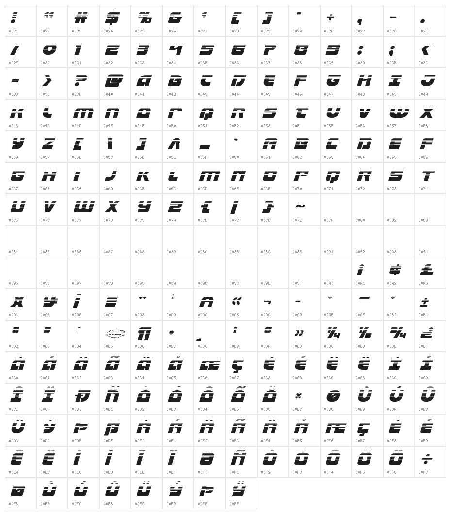 Laser Corps Halftone Italic Character Map