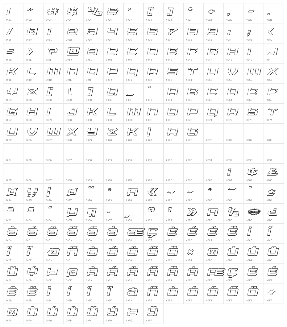 Laser Wolf 3D Italic Character Map